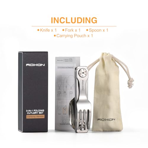 Image of ROXON 3-in-1 Knife Spoons Fork Camping Utensils Set with Case | Magnetic Folding, Stainless Steel Cutlery, EDC Portable Lightweight Silverware,For Hiking Backpacking Travel Lunchbox Outdoor
