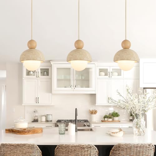 Image of Natural Cave Stone Pendant Lights Kitchen Island Japanese Wabi Sabi Pendant Light Fixture with Wood Ceiling Plate Hanging Lamp for Hallway, Bedroom, Dining Room 3 Packs
