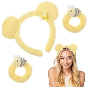 Ptwola 3 Stuks Gele Pluche Beeroren Hoofdband met Haarbanden Zachte Elastische Pluche Beer Spa Handdoeken Wasbanden Hoofdband Polsbanden Set Staarthouders Schattige Kostuumaccessoires voor Vrouwen