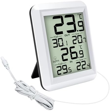 Urageuxy Kabelgebundenes digitales Innen-/Außenthermometer, Innen-/Außentemperaturmonitor mit 2m wasserdichtem Kabel mit Min/Max Aufzeichnung und Fühler für Haus, Büro, Gewächshaus