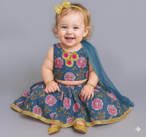 Image of A.T.U.N. (ALL THINGS UBER NICE) Baby Girls Cotton Ethnic Floral Lehenga Choli Set with Lace & Dupatta | Traditional 3-Piece Festive Outfit for Kids