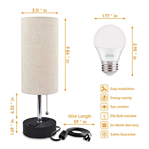 Golspark Usb Bedside Table Lamp, Minimalist Nightstand Lamp With Charging Ports, Lamps For Bedrooms, Fabric Linen Lamp Shade, Modern Desk Lamp With Pull Chain (Round Table Lamp) #TOP2