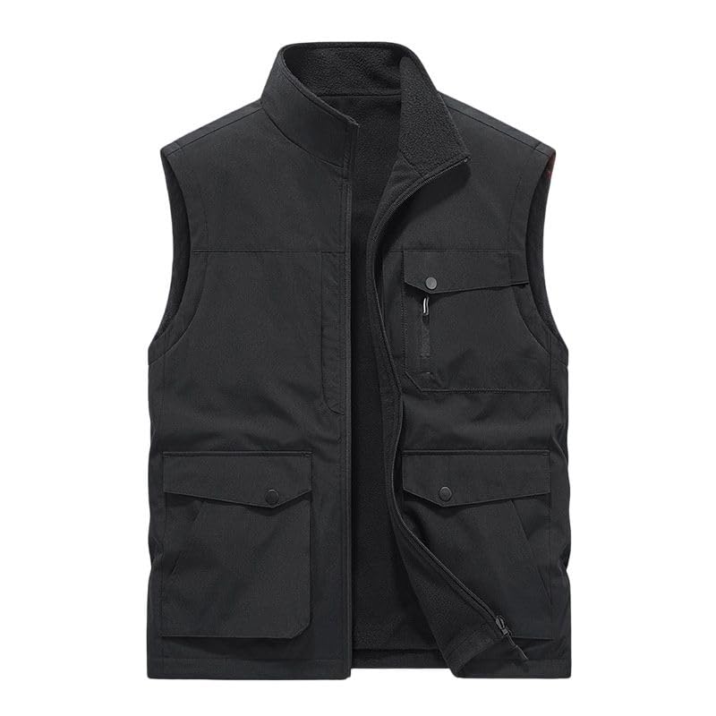 Gilet cargo réversible homme veste sans manches chaude en polaire noire pour l'automne