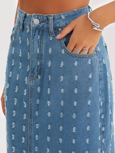 Women Denim Midi Skirt High Waisted Swiss Dots Back Slit Casual Jean Column Skirt4
