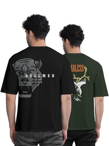 Image of BULLMER Trendy Front and Back Printed Oversized Round Neck T-Shirt for Men - Pack of 2