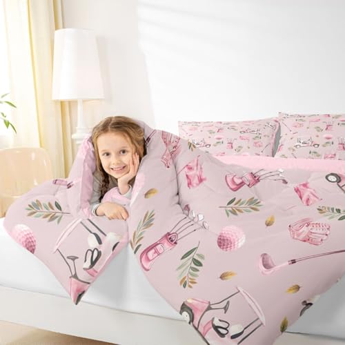 Image of Feelyou Pink Golf Comforter Set Twin Size Leaves Bedding Set for Kids Boys Girls Sports Golfing Theme Duvet Quilt Bedroom Decor Microfiber 2 Pcs with 1 Pillow Cases