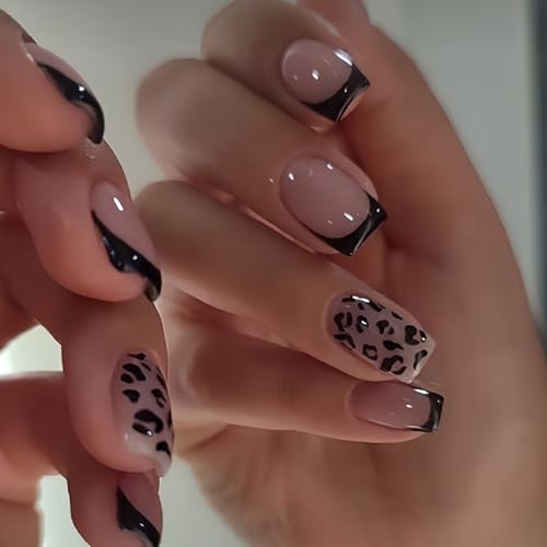 Leopard print Press On Nails Short Square Fake Nails French Tip False Nails With Leopard Print Designs Acrylic Nail Press Ons Full Cover Glue On Nails Glossy Stick On Nail For Women 24Pcs