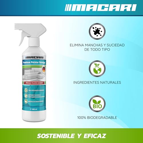Macari 500 ml Limpiador Premium Tapicerías Sofá y Coche. Limpiador sostenible de sofás, sillones, colchones, alfombras, Asientos de Coche y Textiles Incl. Cepillo para tapicerías Todo en un Set. - imagen 2