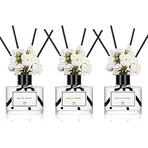 Flower Reed Diffuser Set Of 3(Bamboo, Sage & Sea Salt, Sandalwood Ebony Scent) For Bathroom Accessories Bedroom Shelf Decor & Air Fresheners, Gift Sticks Defusers With 1.7 oz Essential Oils Each Pack Cover
