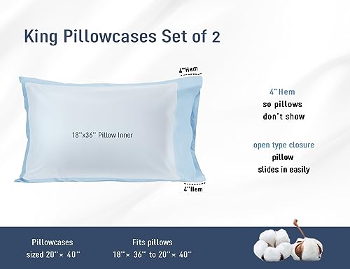 Pillow Cases, King Size Cotton Percale Weave Pillowcases, Pre-Shrunk Breathable and Hypoallergenic Pillowcases, Set of 2 (2 Piece King 20 Inch x 40 Inch, Light Blue)