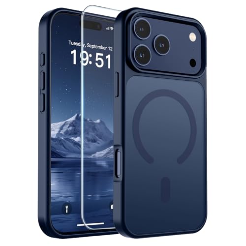 Image of SUPFINE Magnetic for iPhone 17 Pro Max Case with Screen Protector (Compatible with MagSafe)(Military Grade Drop Protection) Translucent Matte Shockproof with Anti-Fingerprint Phone Cover,Dark Blue