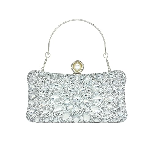 MAIRLOM Rhinestone Clutch Purses for Women Evening Wedding Formal - Pearl Clasp Handbag Crystal Gemstone Bag for Party Prom(Solid Silver)