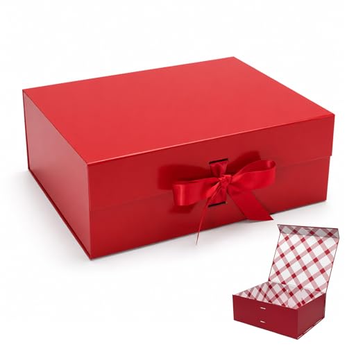 Tekhoho Grand Boîte Cadeau Rouge 33.5x27x12.5 cm, Boîte Cadeau Haut de Gamme avec Couvercle Magnétique et Ruban pour Emballage Cadeau de Vacances, Mariage,...