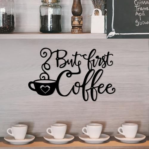 But First Coffee Sign - Black Metal Wall Art for Coffee Stations, 35x18cm Decorative Sign Featuring Coffee Cup and Beans