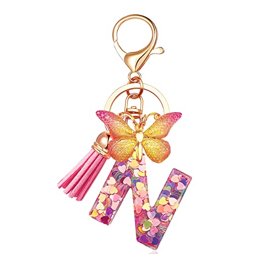 JINGUAZI Initial letter Keychains for Women Tassel Butterfly Pink Cute Car Keychain for...