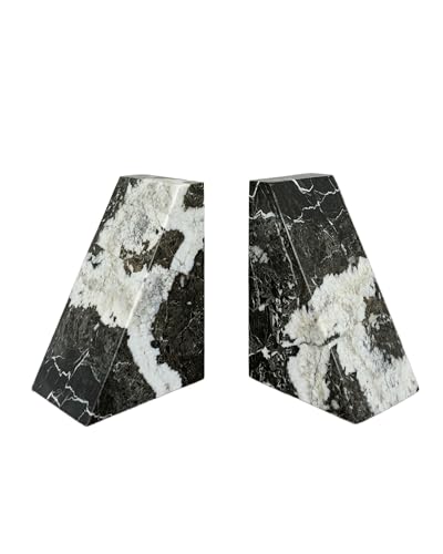 Image of UrbanFocal Black Marble Bookend 6" - Book Stoppers for Bookshelves - Modern Decorative Marble Bookends for Home and Office, Black Zebra