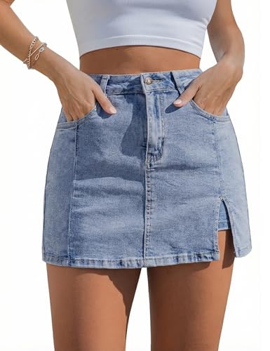Image of luvamia Jean Skort Women High Waisted Stretchy Denim Mini Skirt Side Slit