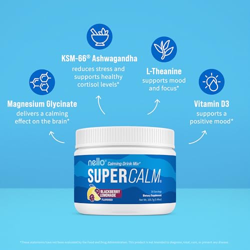 Image of Nello Supercalm Powdered Drink Mix Tub, Cortisol Reducer* and Sleep Aid Supplement, L Theanine, Ksm-66 Ashwagandha, Magnesium Glycinate, Vitamin D 3, No Sugar, Non GMO, 30 Ct, BlackBerry Lemonade