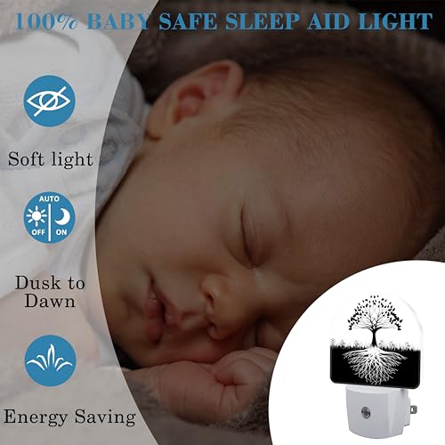 Image of Plug in Night Lights Black and White Tree of Life Nightlight Plug Into Wall Dusk to Dawn Sensor LED Night Light for Kid Girls Boys Women Decor, Hallway, Kitchen, Bathroom, Nursery, Stairs
