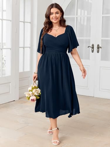 Image of SHESTARR Women's Plus Size Midi Dress Sweetheart Neck Short Sleeve Wedding Guest Cocktail A Line Flowy Dress