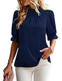 Women's Spring Tops 2026 Pleated Mock Neck Short Sleeve Summer Shirts Dressy Casual Top Blouse Shirt Navy M