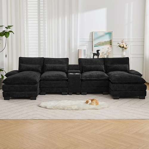 125” U Shaped Cloud Modular Sofa with Chaise Lounges, Chenille Upholstered Comfy Sectional Couch with Storage Console, USB Charging Ports & Cup Holders, Small Deep Seat Sofa for Living Room, Black 125” U Shaped Cloud Modular Sofa with Chaise Lounges, Chenille Upholstered Comfy Sectional Couch with Storage Console, USB Charging Ports & Cup Holders, Small Deep Seat Sofa for Living Room, Black
