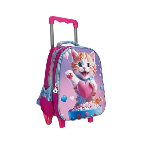 Mochila Escolar Infantil De Carrinho 12 Polegadas Com Rodas Rosa Gatinha