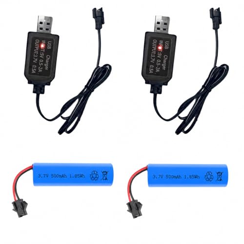 2 Pack 3.7V 500mAh Rechargeable Batteries with Dual Protection and USB Charger Cables SM-2P plug Design Universally Compatible with Various Remote Control Cars Trucks Stunts and RC Toys