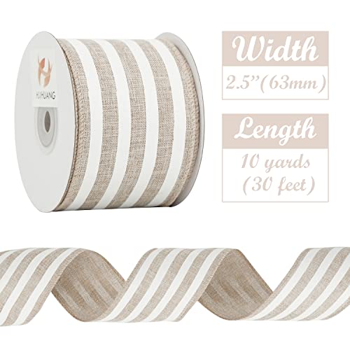 Huihuang Striped Burlap Ribbon Wired Grey White Stripe Rustic Wired Edge Ribbon 2.5 Inch X 10 Yards Grey Stripe Ribbon For Wreaths Crafts Gift Wrapping Decoration Basket Bows Holiday Home Decoration #TOP1