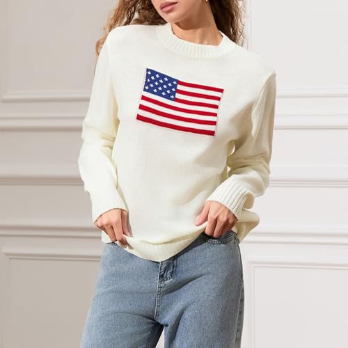 Image of Womens American Flag Sweater Long Sleeve Crew Neck Star Graphic Knit Pullover Tops Casual Loose USA Sweater