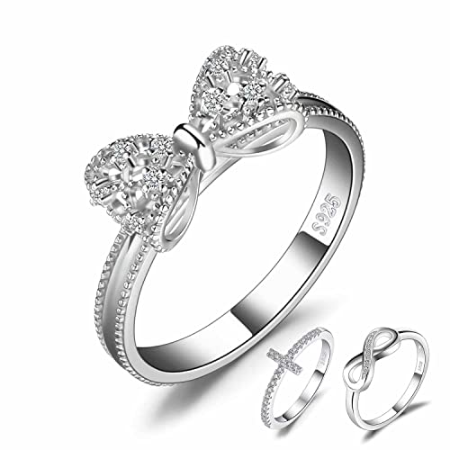 JewelryPalace 14K Gold Plated 925 Sterling Silver Rings for Women, Cubic Zirconia Promise Rings for Her, Stackable Wedding Bands Rings for Women Bow Stacking Ring Sets Size 7