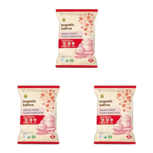 Image of Organic Tattva Whole Wheat Flour 1kg - Stone Ground Chakki Atta for Soft & Tasty Rotis, Everyday Cooking Essential (Pack of 3)