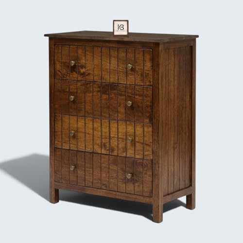 Image of Solid Wood Madrid Chest of Drawers | Drawer Chest with 4 Drawers | Wooden Drawer Storage Cabinet | Finish- Brown