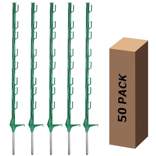 Zoiut 50 Pack Electric Fence Posts,48 Inch/4FT Step-in Plastic Posts for Farm and Garden,Temporary Sturdy Fencing System for Electric Fencing and Yard Protection, Green