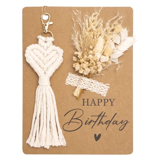 KKSJK Geburtstagsgeschenk, Geburtstag Geschenk Set mit Geburtstagskarte, Makramee Schlüsselanhänger und Trockenblumen, Happy Birthday Grußkarte Geschenk für Frauen, Beste Freundin, Handgefertigtes