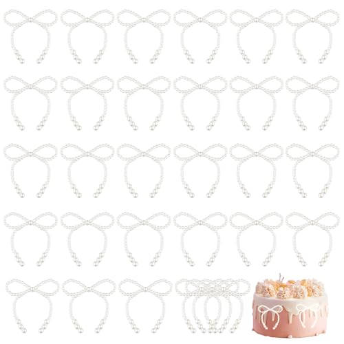 BOSMIOW 30pcs White Pearl Cake Bows 4.3 inch Plastic Ribbon Decorations for Birthday Engagement Anniversary