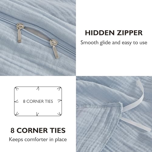 Image of EMME Muslin Cotton Duvet Cover Set Queen Size Linen Like Soft Breathable Lightweight Summer Comforter Cover Set with Zipper Closure (Blue, Queen, 90 inchx90 inch)