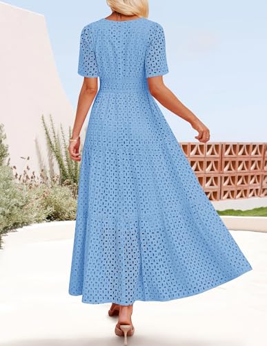 Image of ZESICA Women's 2026 Summer Short Sleeve Maxi Dress Casual V Neck Hollow Out Eyelet Ruffle Swing A Line Long Dresses