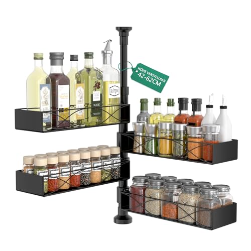 Mixoo 4 Stück Drehbar Gewürzregal Stehend Ohne Bohren,Höhenverstellbar:42–62 cm,Extra Große Kapazität Gewürz Organizer Ecke für Küchen,Metall Spice Rack Wasserdicht Schwarz,für Viele Gewürze (Schwarz)
