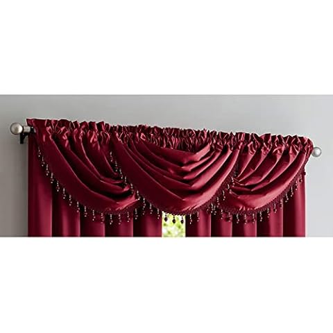 PREMIUS Crushed Satin Rod Pocket Panel and Waterfall Valance with Decorative Fringe Window Treatments, Curtain Set for Your Home, All Sold Separately (Burgundy, Valance - 48X37 Inches) Cover