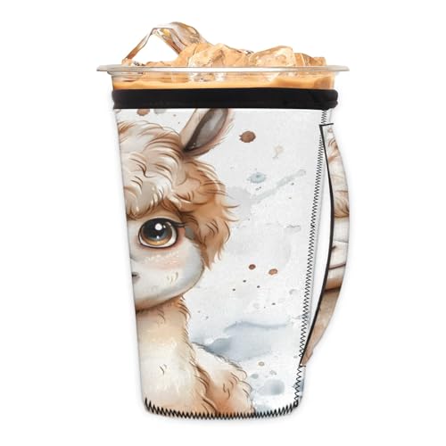 Cute Watercolor Alpaca Reusable Neoprene Coffee Sleeve with Handle Insulated Iced Coffee Cup Holder Reduces Condensation Fits 24-28 oz Cups M