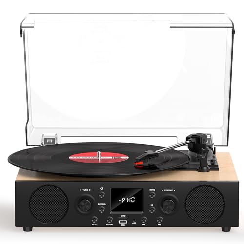 Tocadiscos con altavoces integrados, tocadiscos Bluetooth vintage de 3 velocidades con grabación USB, recepción Bluetooth, salida de línea RCA y entrada AXU, radio FM, reproductor de discos de vinilo