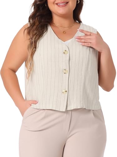 Agnes Orinda Plus Size Linen Vest for Women Sleeveless Button Down V Neck Crop Top Summer Waistcoat Vests