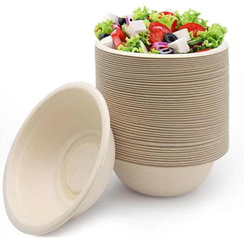 Rynvarl 50 Ciotole di Carta Compostabili – Ciotole Monouso Biodegradabili per Feste, Picnic, Catering – Resistenti al Calore e ai Grassi – Sicure per Alimenti, Senza BPA，350 ml