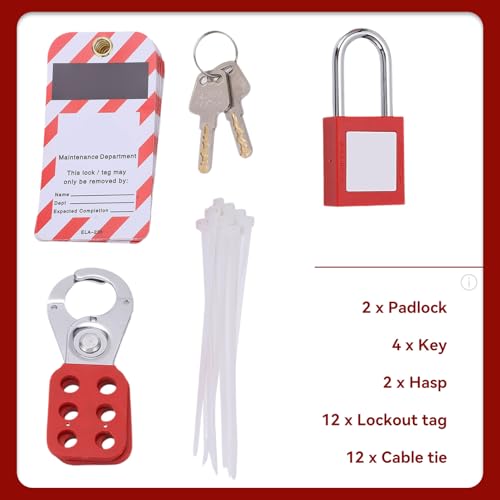 Image of Circuit Breaker Lockout Device Kit, Safty Padlock Loto Tags Hasps Set Electrical Lockout Tagout Kit Tag Hasp Safety Padlock Set Rustproof for Lock Out Tag Out Station