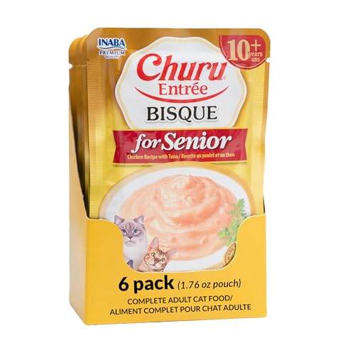 INABA Churu Entre Bisque for Senior Cats Grain-Free High Moisture Prebiotic Wet Cat Food 1.76oz. per Pouch 6 Pouches Chicken with Tuna Recipe