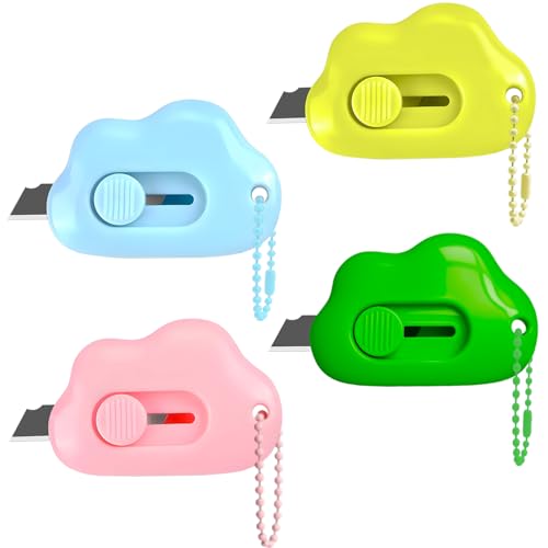 Muclip Cloud Retractable Box Cutter 6 Pack - with Key Rings Safe Auto-Retract Design Mini Paper Cutter for Box Packages Mail Envelopes Portable Keychain Letter Opener for Home Office Travel (4 Color)