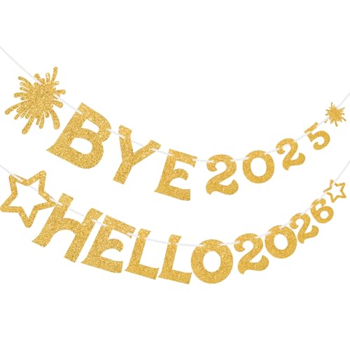 Adecortalk Bye 2025 Hello 2026 Banner Happy New Year Banner Happy New Year Decorations Sparkling Gold Banners for New Year‘s Eve Christmas Holiday Party Decorations Supplies 2026