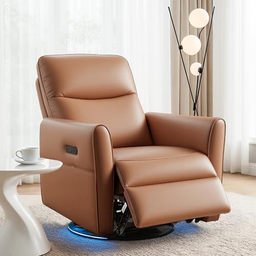 Artiss Swivel Recliner Chair with Footrest, Leather Reclining Sofa​ with Adjustable Headrest, USB & Type-c Charging Ports, Rocking Glider Chairs for Living Room, Nursery with 16Color Led, Brown