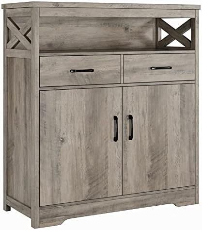 HOSTACK Modern Farmhouse Buffet Sideboard, Kitchen Storage Cabinet with Shelves and Doors, Wood Buffet Cabinet with Drawers, Coffee Bar, Floor Cabinet Cupboard for Dining Room, Ash Grey